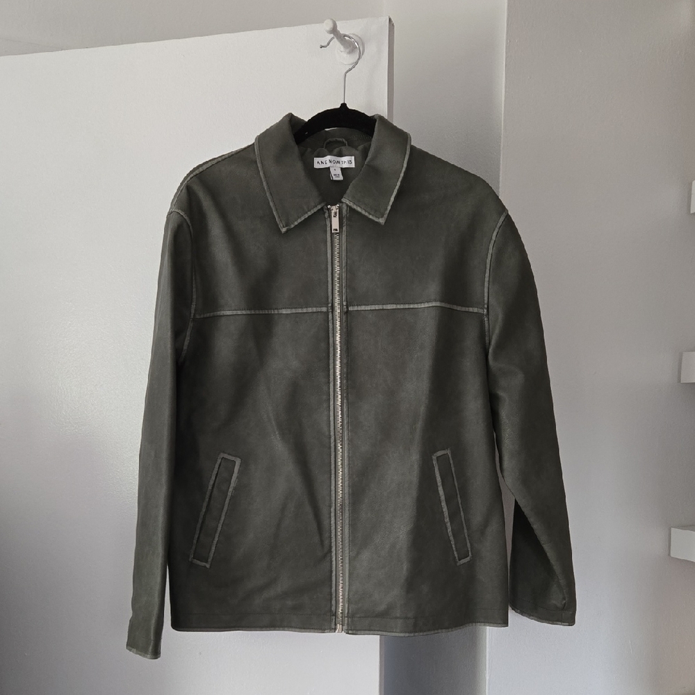 AND NOW THIS NWOT Faux Leather Oversize Women's Jacket in Gray-Green with Zipper